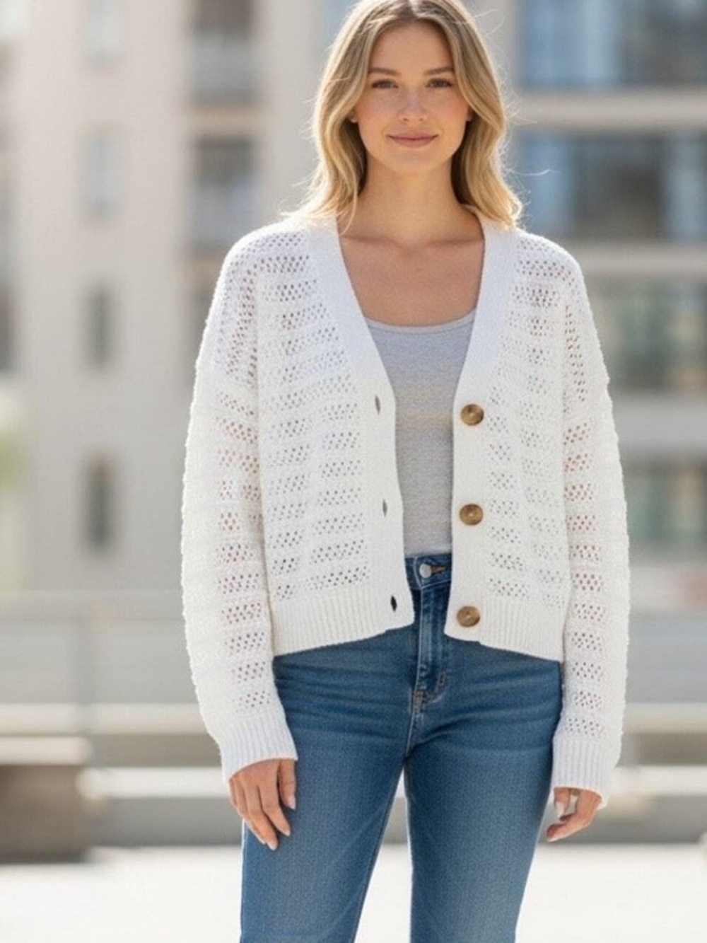 Hollister White Open-Knit Button Front Cardigan